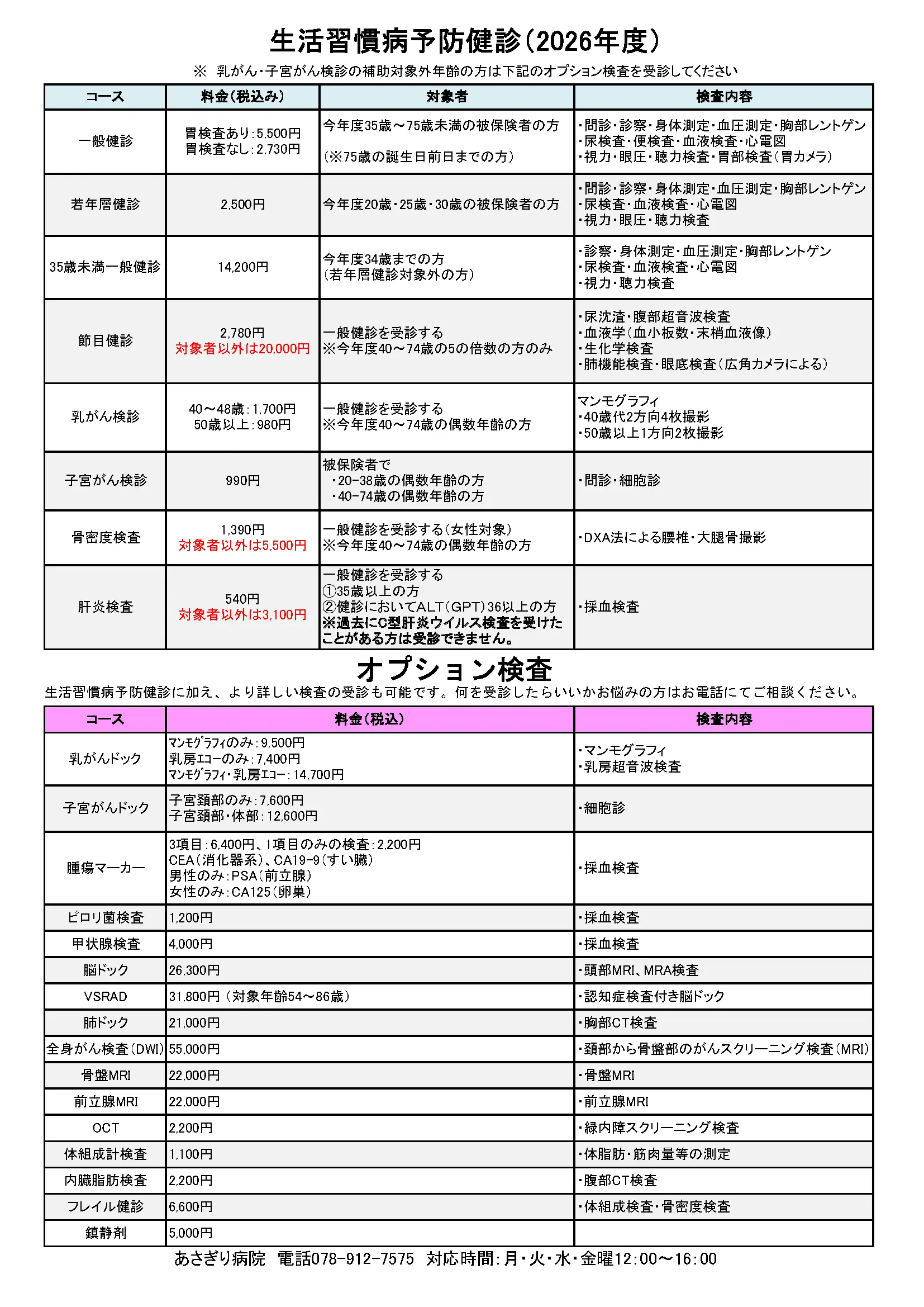 2026年生活習慣病料金表